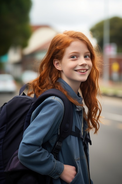 Medium shot girl wearing backpack