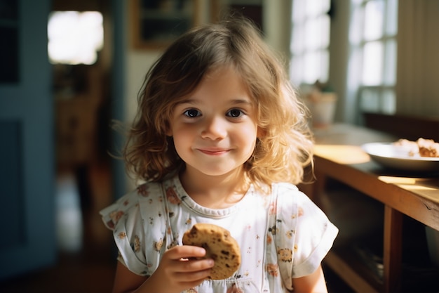 Medium shot girl with delicious cookie