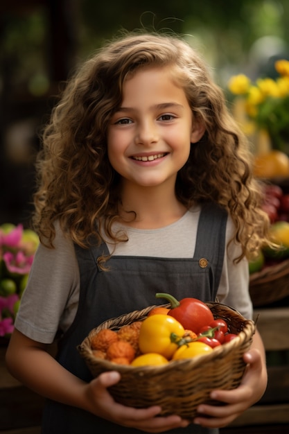 Medium shot girl  with fresh vegetables