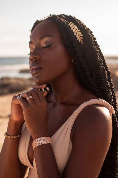 Medium shot greek goddess posing in nature