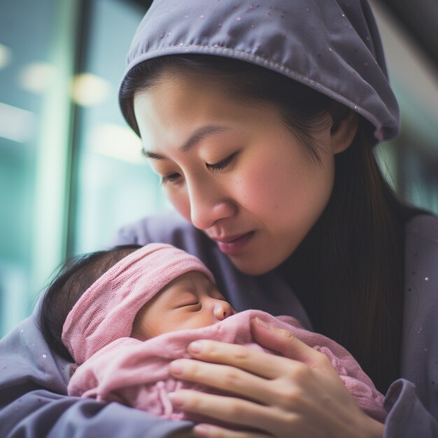 Medium shot happy mother holding baby