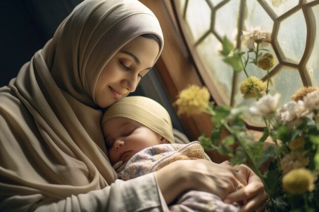 Medium shot islamic woman holding baby