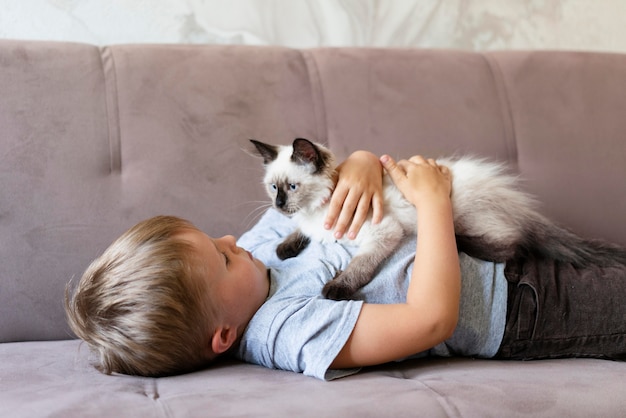 Medium shot kid holding cute cat