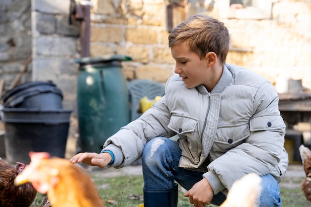 Free Photo medium shot kid petting chicken