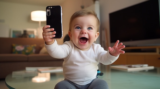 Free photo medium shot kid with smartphone indoors