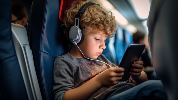 Medium shot kid with smartphone on plane