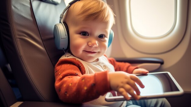 Medium shot kid with tablet on plane