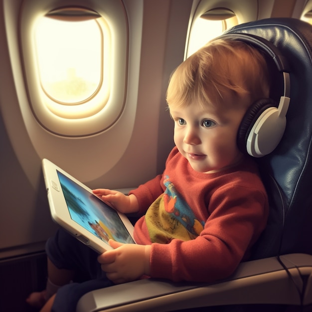 Medium shot kid with tablet on plane