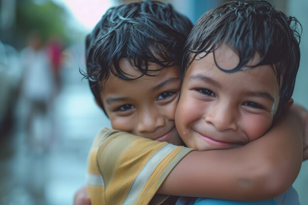 Medium shot kids hugging outdoors