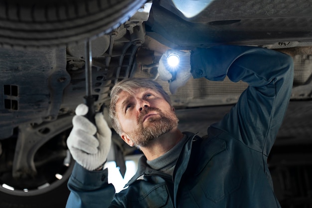 Free Photo medium shot man checking car