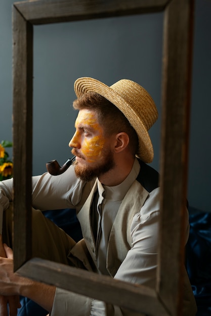 Free Photo medium shot man creating  van gogh's characterization