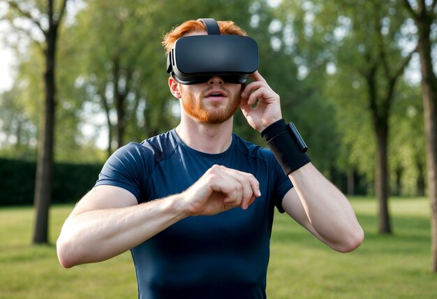 Medium shot  man doing fitness with vr glasses