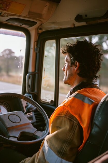 Free photo medium shot man driving truck