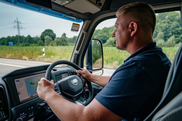 Medium shot man driving truck