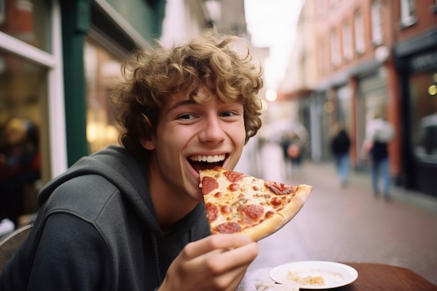 Medium shot man eating delicious pizza