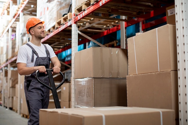 Medium shot man in logistic warehouses