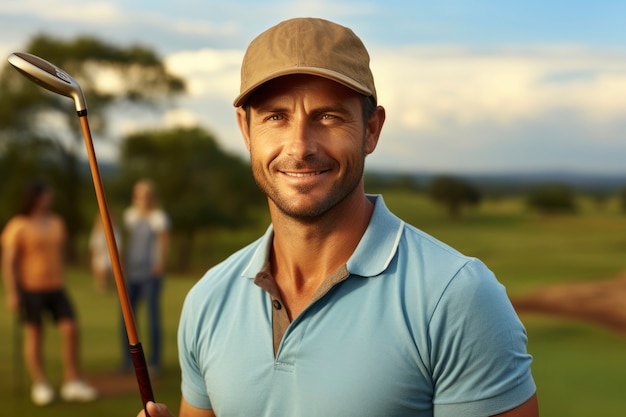 Free photo medium shot man playing golf in nature