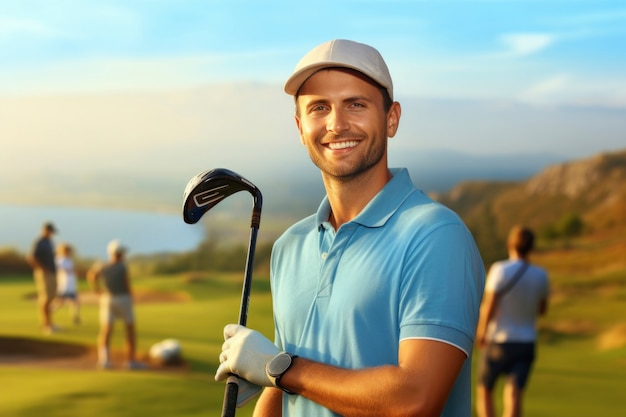 Medium shot man playing golf in nature