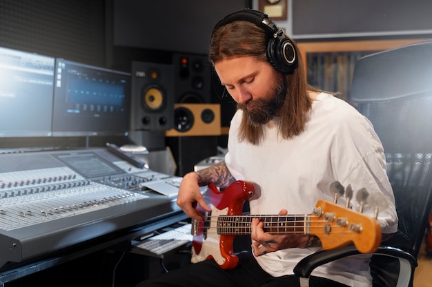 Free Photo medium shot man playing the guitar in studio