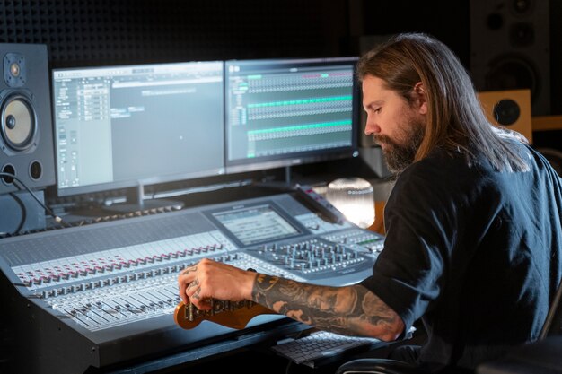 Medium shot man playing the guitar in studio