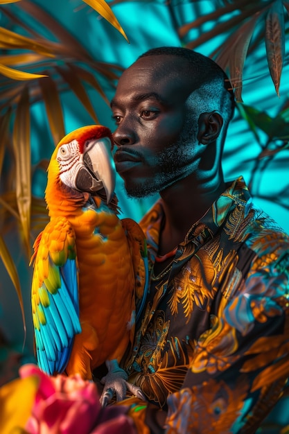 Free Photo medium shot man posing with parrot