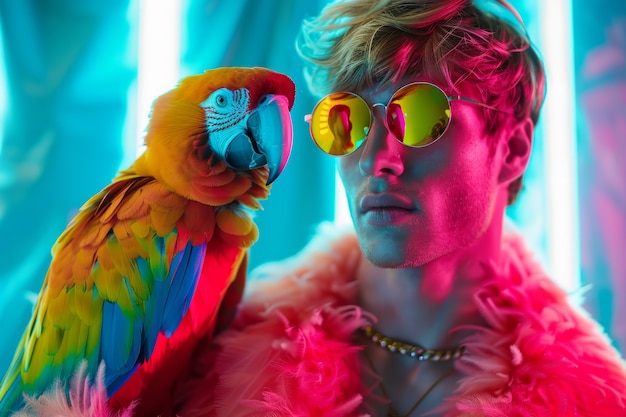 Medium shot man posing with parrot