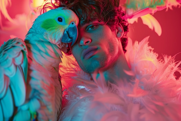 Free Photo medium shot man posing with parrot