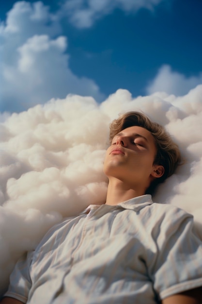 Free photo medium shot man sleeping on clouds