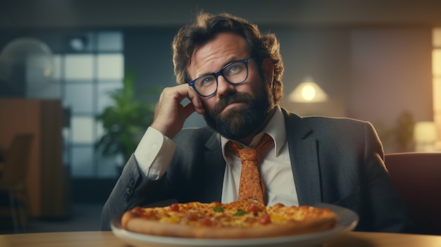 Free photo medium shot man with delicious pizza