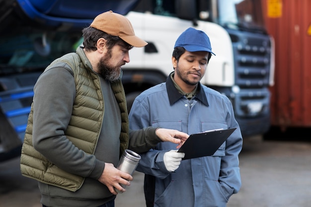 Free Photo medium shot men discussing document