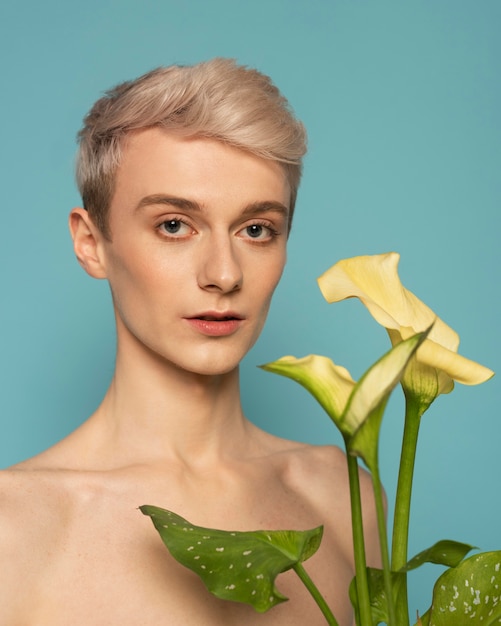 Medium shot model portrait with flower