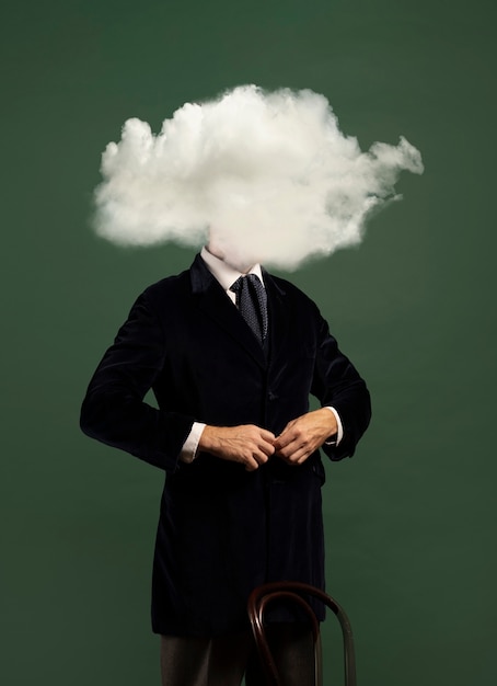 Free photo medium shot model posing with cloud-shaped head