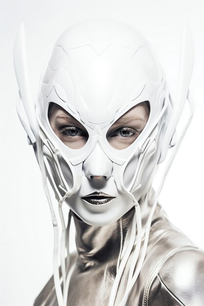 Free photo medium shot model posing with futuristic mask