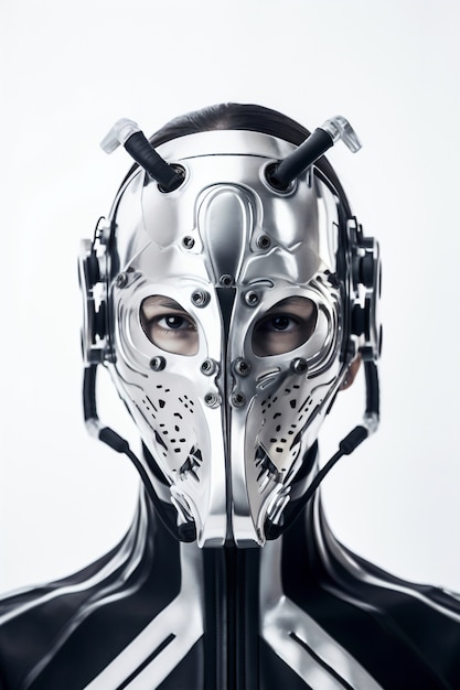 Free photo medium shot model posing with futuristic mask