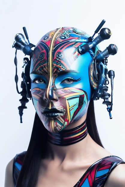 Free photo medium shot model posing with futuristic mask