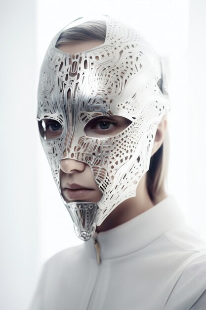 Medium shot model posing with futuristic mask