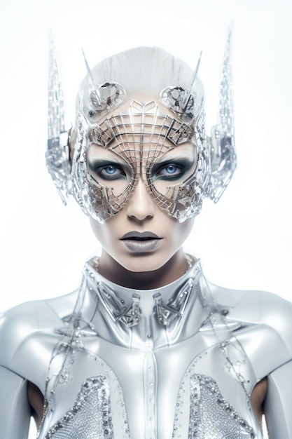 Free photo medium shot model posing with futuristic mask