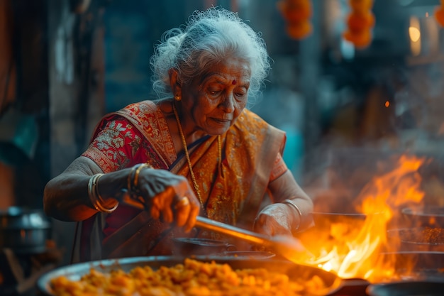 Free photo medium shot old woman celebrating tamil new year