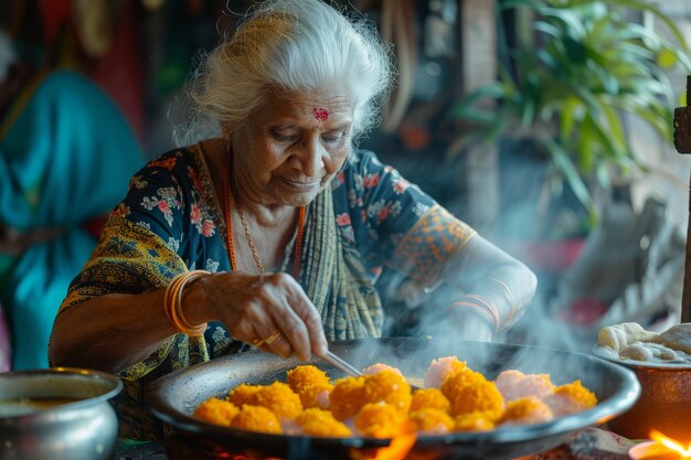 Free photo medium shot old woman celebrating tamil new year