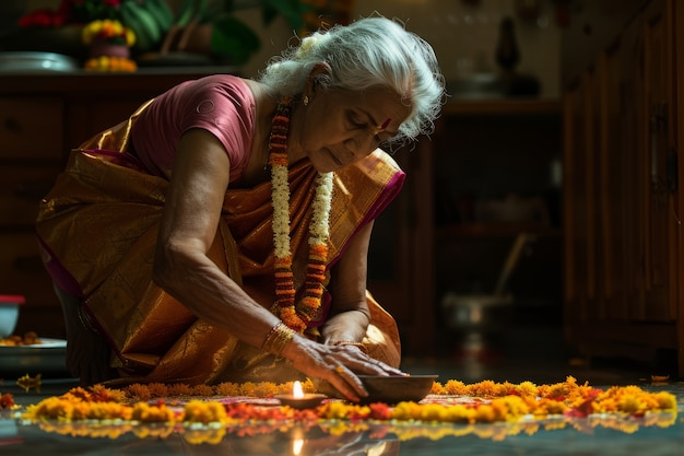 Free photo medium shot old woman celebrating tamil new year