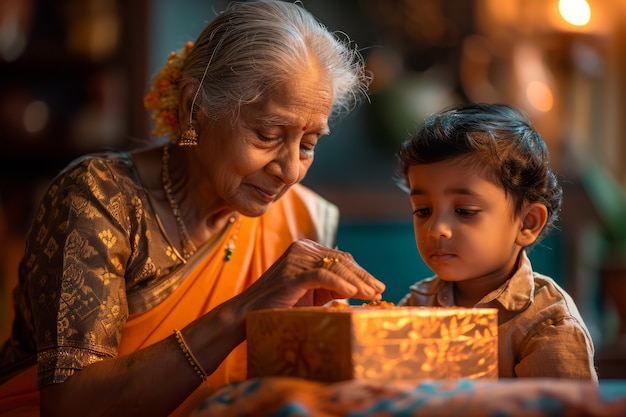 Medium shot old woman and kid celebrating tamil new year