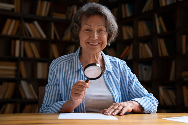 Medium shot old woman in library