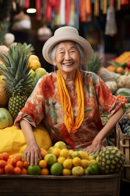 Medium shot old woman posing with fruits