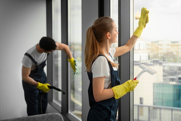 Free Photo medium shot people cleaning building