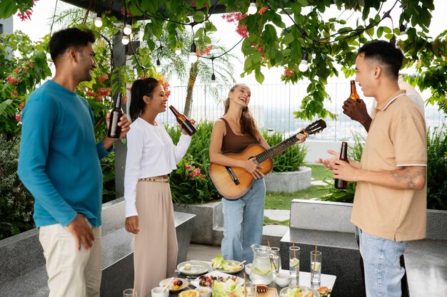 Medium shot people listening to music