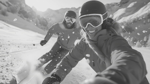 Free photo medium shot people skiing monochrome