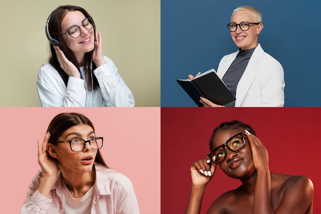 Free Photo medium shot people with glasses posing in studio