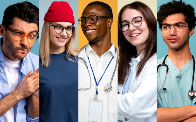 Medium shot people with glasses posing in studio