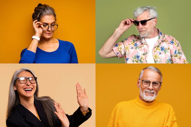 Medium shot people with glasses posing in studio