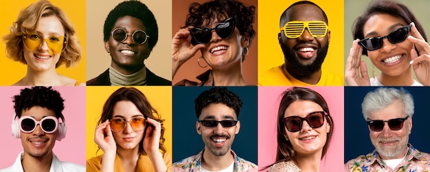 Medium shot people with glasses posing in studio